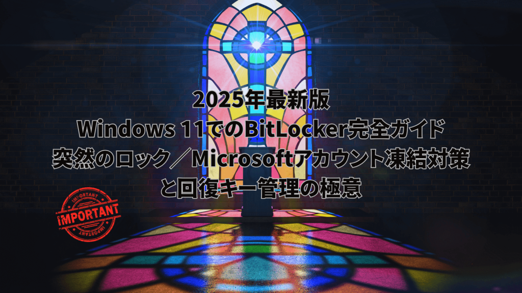 2025年最新版 Windows 11 BitLocker完全ガイドのアイキャッチ画像。教会のステンドグラスを背景に、突然のロックとMicrosoftアカウント凍結対策、回復キー管理の極意を紹介するテキストが重ねられている。